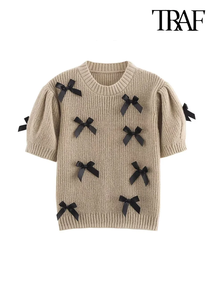 TRAF Women's Fashion Bow Appliques Knit Sweater O-Neck Short Sleeve Pullover Chic Female Tops 2