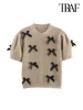 TRAF Women's Fashion Bow Appliques Knit Sweater O-Neck Short Sleeve Pullover Chic Female Tops 2