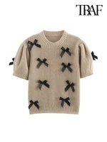 TRAF Women's Fashion Bow Appliques Knit Sweater O-Neck Short Sleeve Pullover Chic Female Tops 2