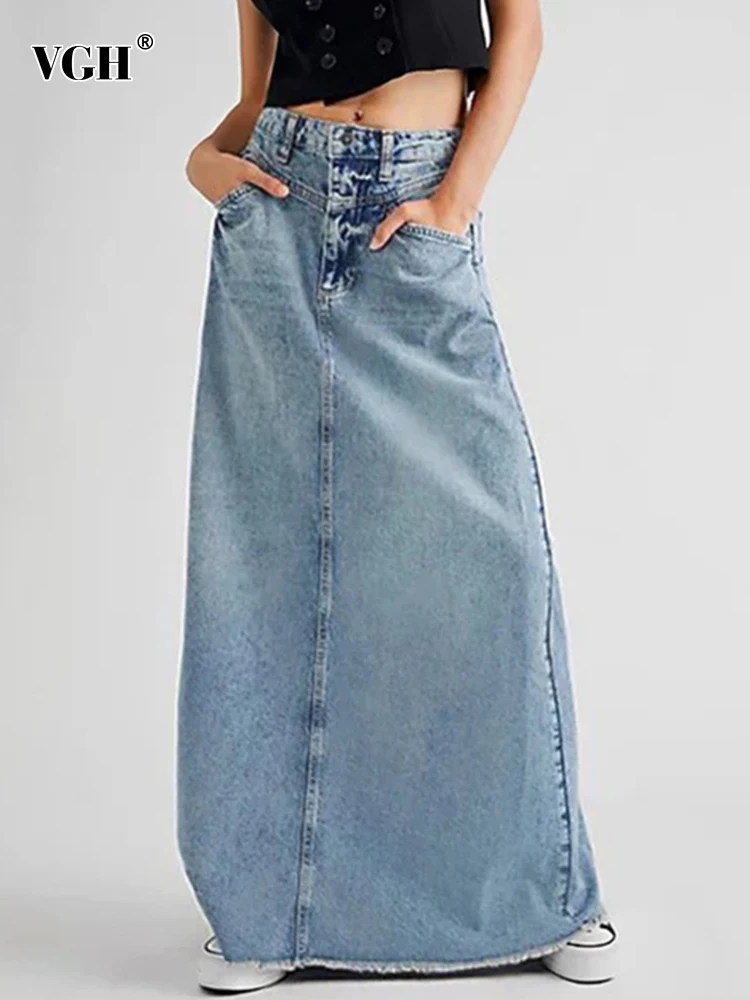 

VGH Solid Denim Minimalist Skirt For Women High Waist A Line Straight Spliced Raw Hem Casual Skirts Female Fahsion Style 2023