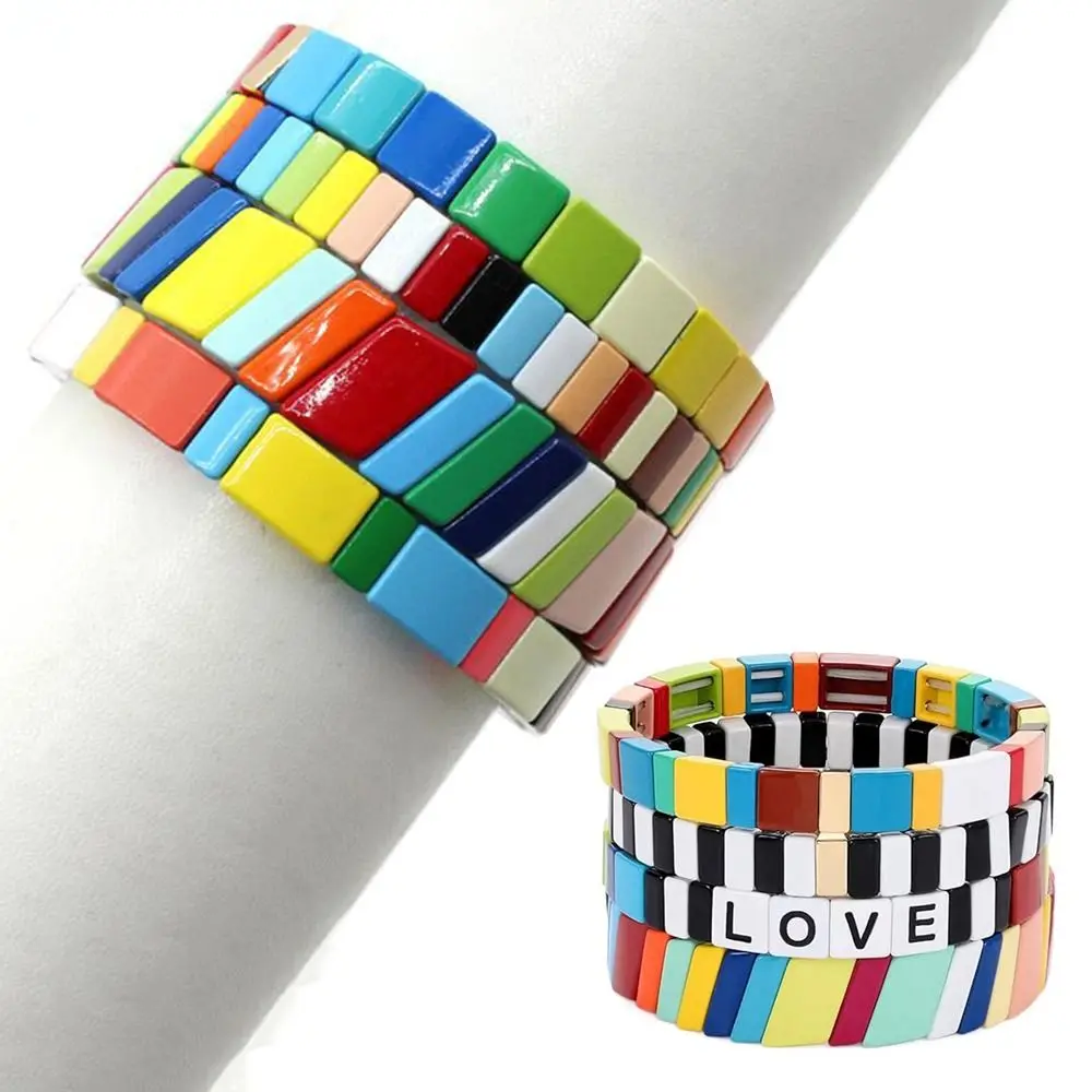 

Stackable Rainbow Bracelets Set Handmade Rectangle Beads Enamel Pulsera Tile Beaded Strand Color Block Geometric Bangle Girls