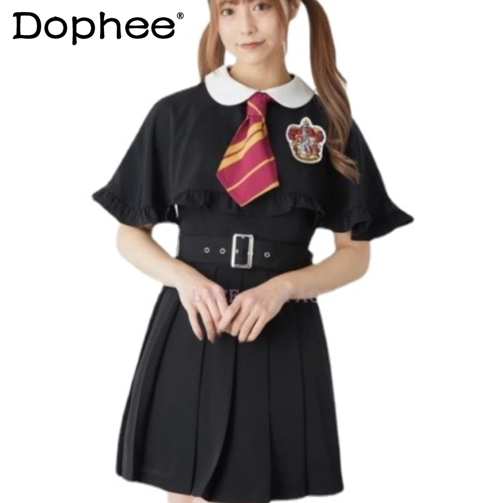 

2023 Japanese Style New Dress Soft Girl Pure Color Magic Law School Cloak Fake Two-Piece Badge Dresses Short Vestidos De Mujer