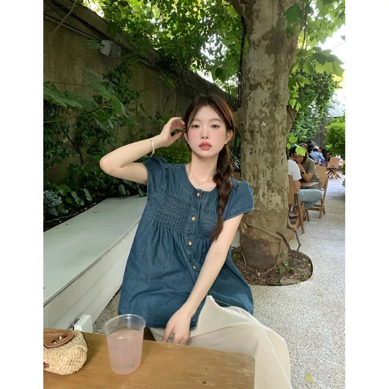한국어 스타일 빈티지 Pleated 짧은 소매 셔츠 여성 여름 2024 새로운 틈새 캐주얼 루즈 피트 다목적 싱글 브레스트 블라우스