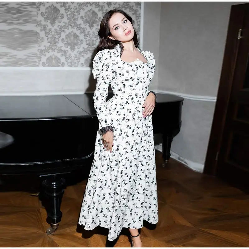 Vintage Floral Square Collar Long Dresses Women Elegant Puff Sleeve Lace Patchwork Maxi Dress Female Spring Chic Street Evening