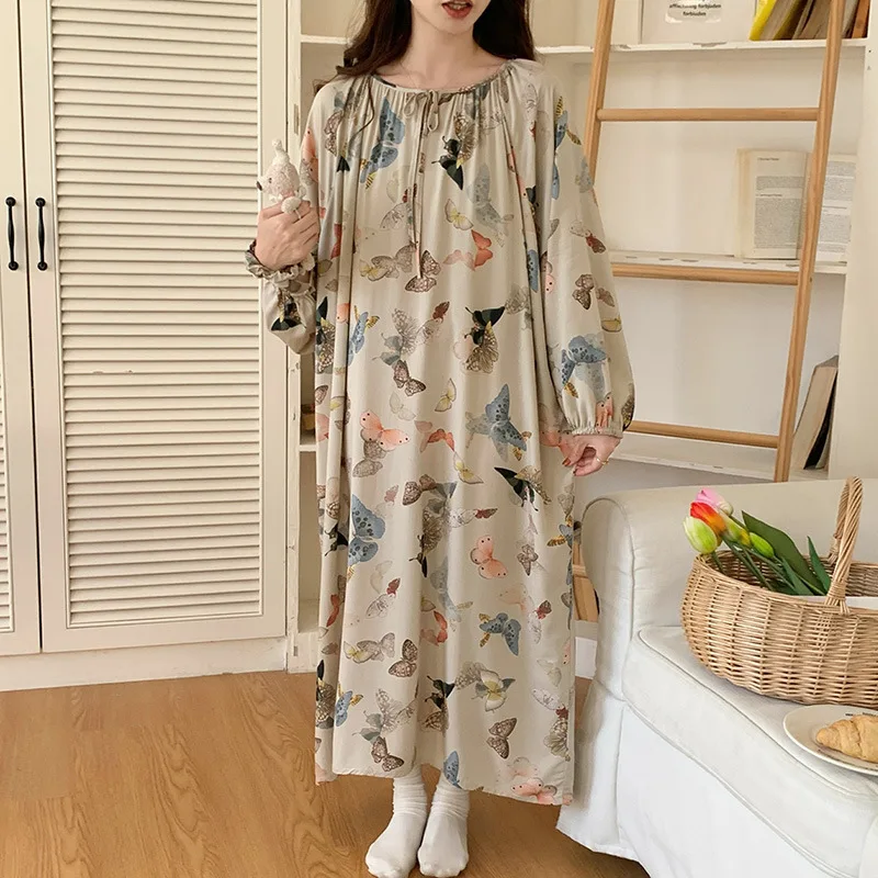 Female Bohemian Dresses Round Neck Long Sleeved Pajamas Floral Print Longuette Women's Clothing Thin Loose Cotton Silk Home Wea