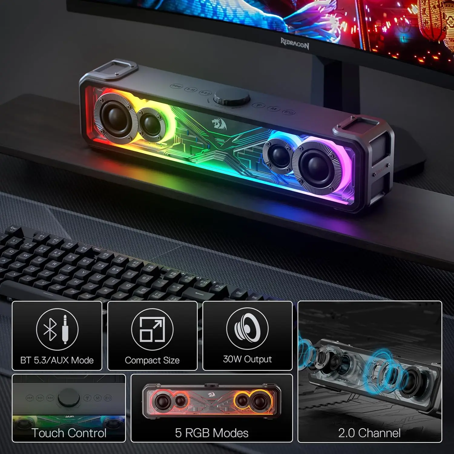 Bluetooth Speaker Mini Bluetooth Speaker Redragon GS817 RGB 2.0 Channel Stereo Speakers Touch-Control Bluetooth 5.3 & 3.5mm AUX Inputs Desktop Soundbar Black
