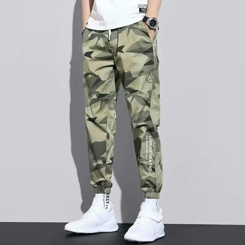 Camouflage Spring Elastic Waist Men Thin Style Loose Bound Feet Casual Pocket Letter Printing Large Size All-match Trousers