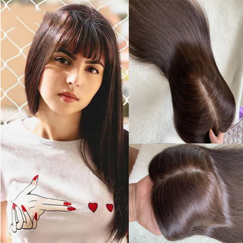 

2023 Dark Brown Women Hair Toupee Silk Base Straight Human Hair Topper Virgin Human Hair Pieces Brown Hair Replacement 12x14