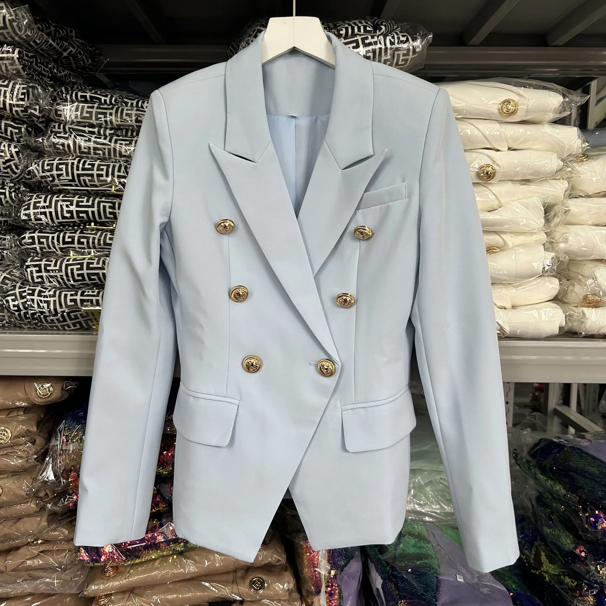 

Women Quality Chic Sky Blue Fresh Slim Blazer Pencil Mini Skirt With Belt