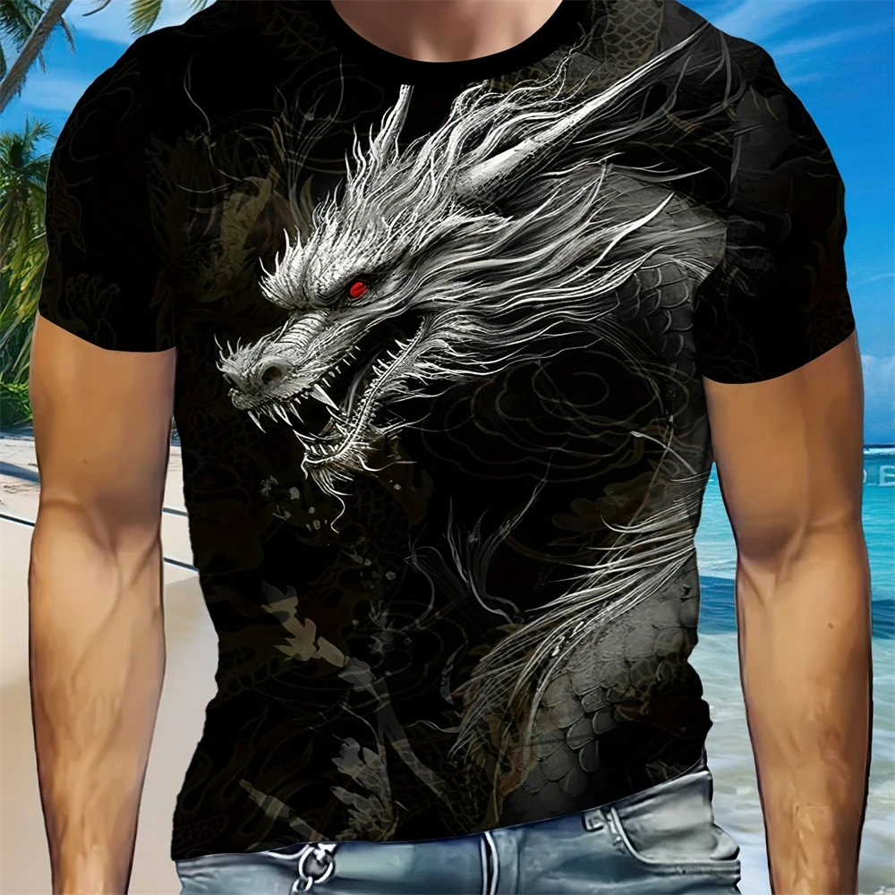 3D Digital Animation Style Roaring Dragon Pattern Round Neck Short Sleeve T Shirt Fashion Cool Men's Summer Streetwear Tops 6