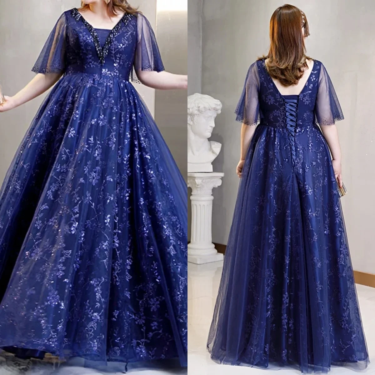 

Evening Dresses Navy Blue Bling Tulle V-neck Half Sleeves Lace up A-line Floor Length Plus size Robe De Soiree Women Party Gowns