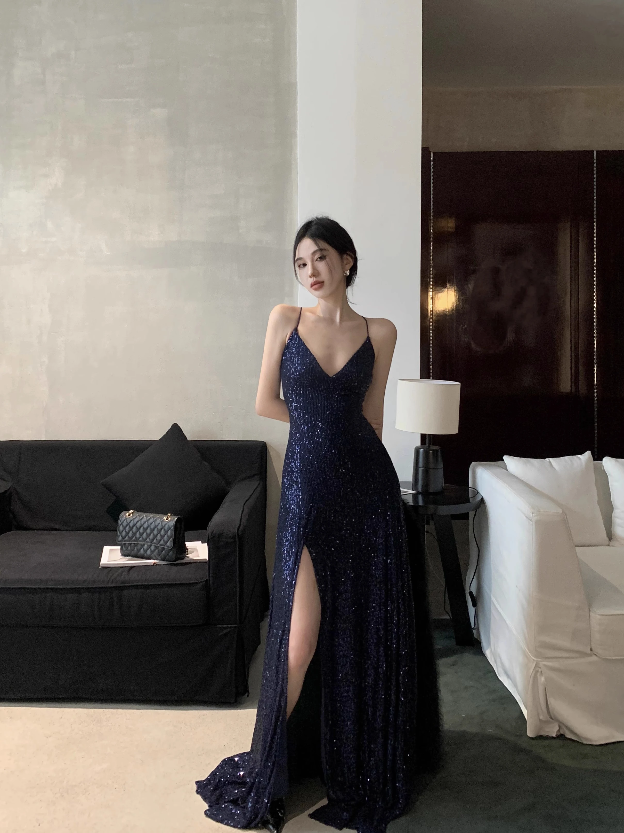 Solid Split Spaghetti Strap Dress Sequin Beading Shiny Blingbling Prom Gown Fashion Sexy Modern Lace-Up Slim Formal Dresses