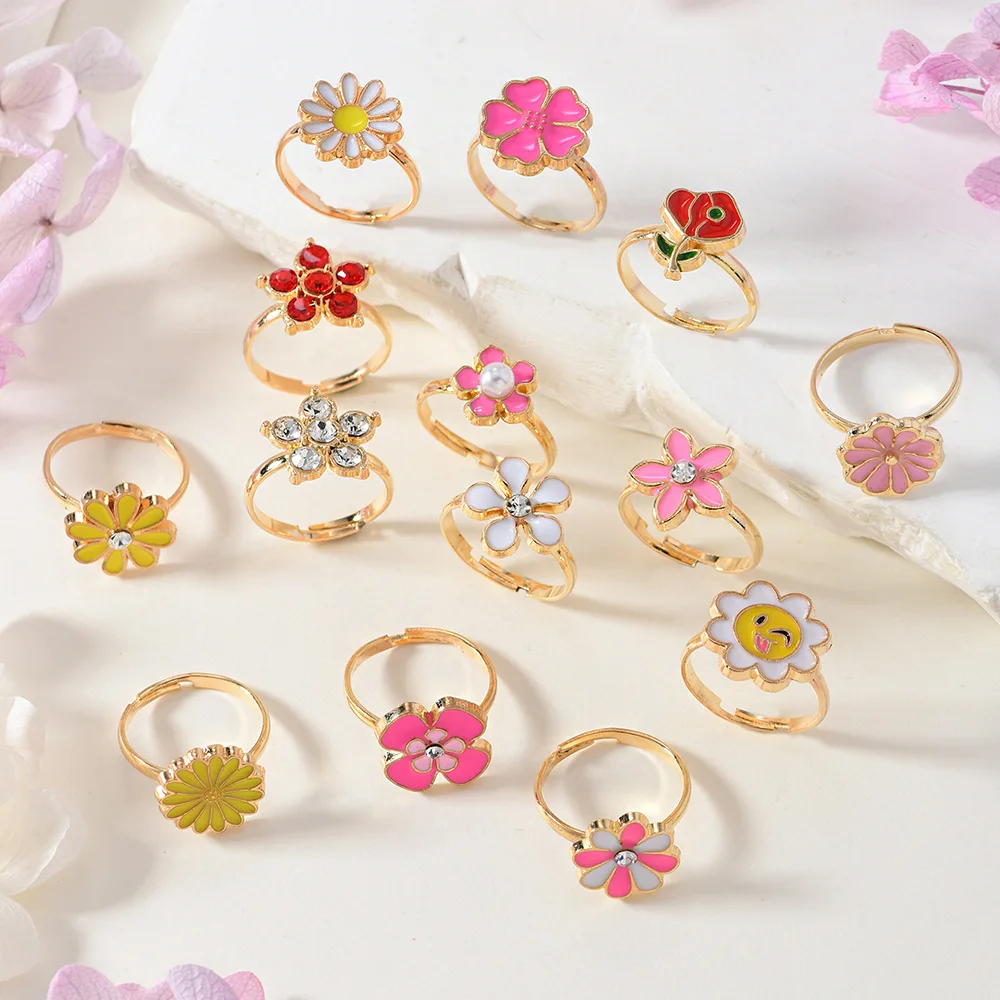 14 قطعة/صندوق الأطفال لطيف قابل للتعديل خواتم التظاهر اللعب ماكياج لعب للفتيات هدايا زهرة يونيكون سبائك خواتم موضة الجمال