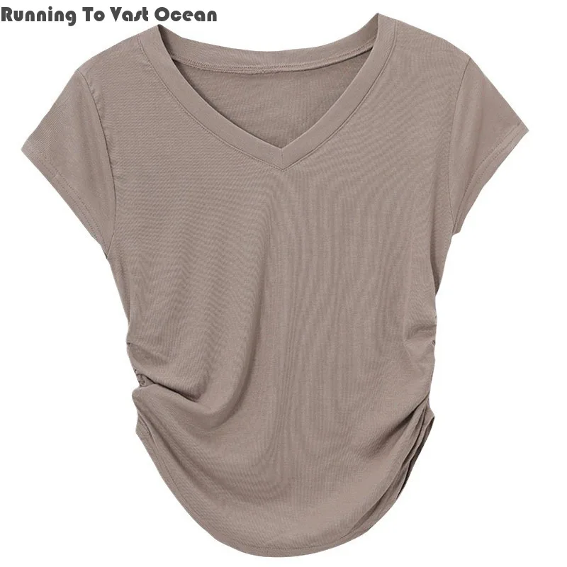 

2024 New Summer V-neck Slimfit Irregular Pleated Women's T-shirt Simplicity Casual Lady Style Privatedress Temperament Socialite