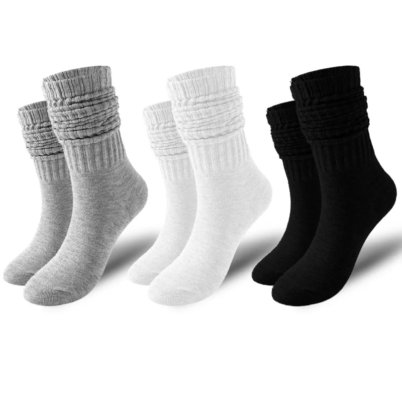 3 Pairs Autumn and Winter Women's Thickened Extra Long Warm Mid-calf Socks Solid Color Korean Ins Knitted Calf Socks