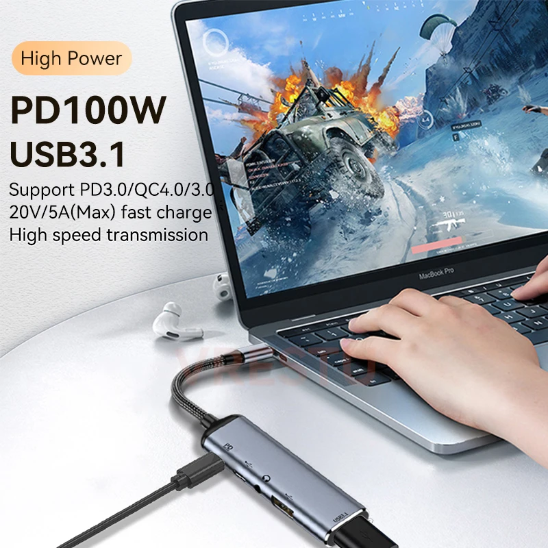 Type-C to USBC Female OTG 3.5mm Jack USB3.1 2.0 10Gbps PD100W Fast Charge Adapter HUB for Macbook iPad Samsung Steam Deck Switch 2