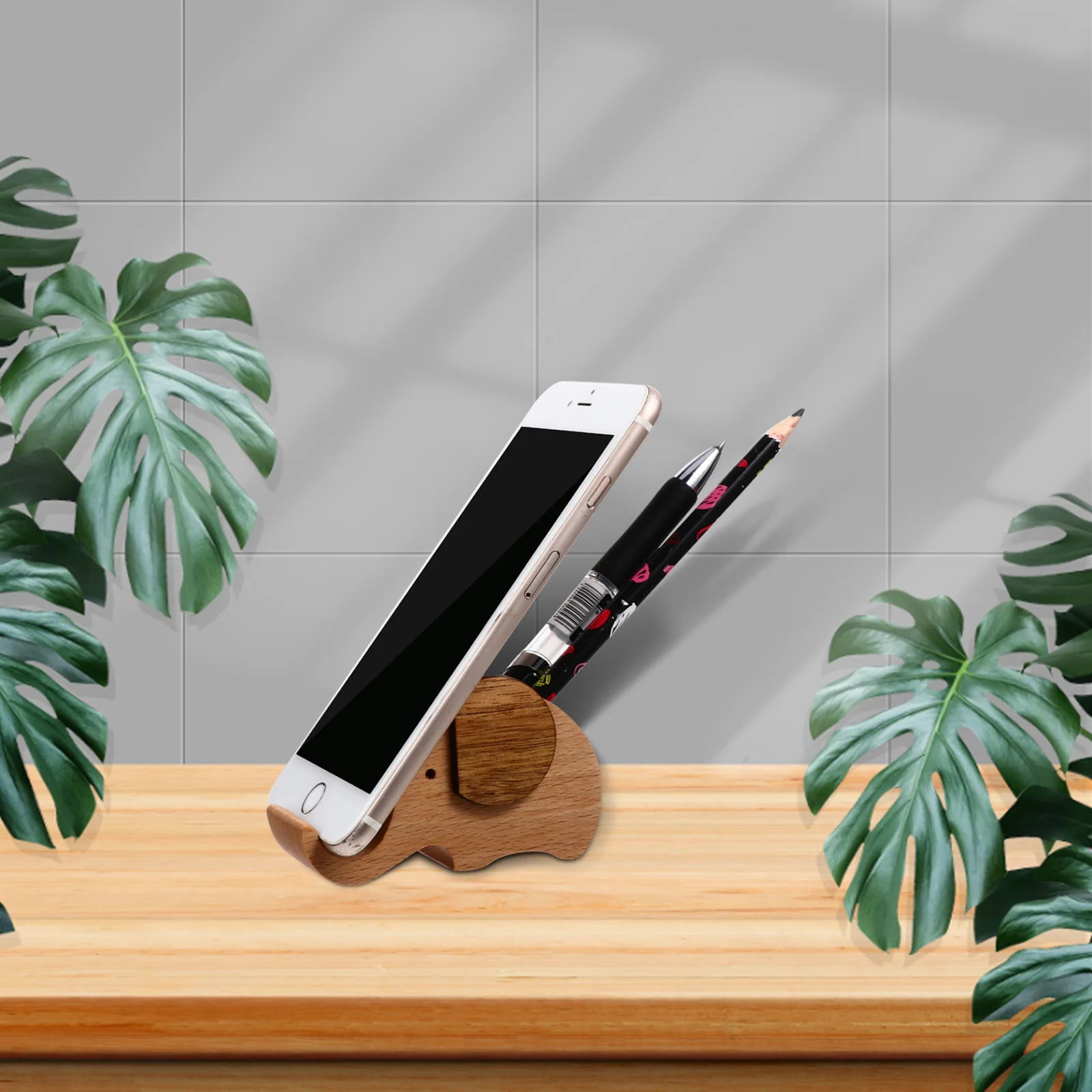 

Cell Phone Stand Elephant Pen Holder Wood Tablet Desk Bracket Multifunction Desktop