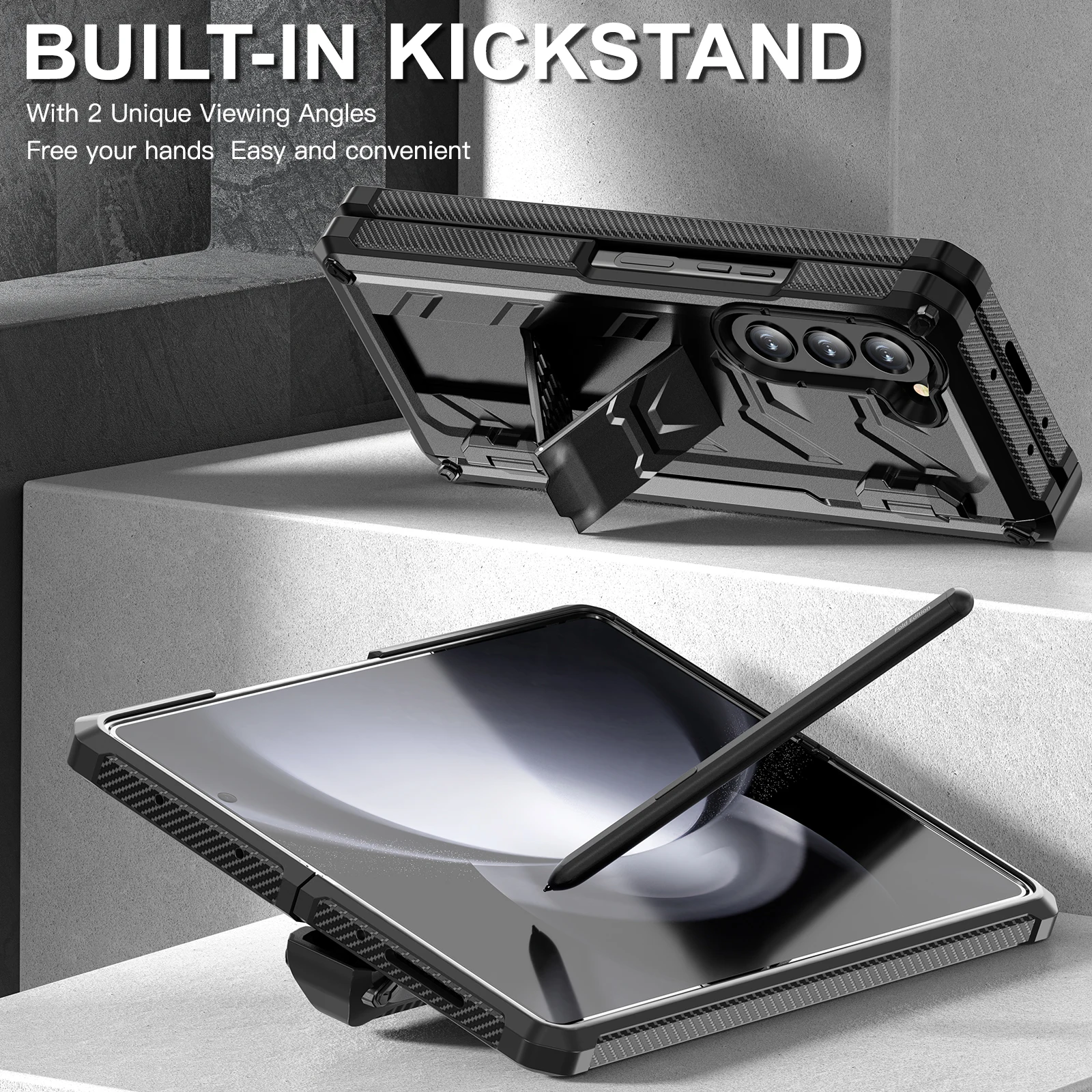 Foldable Hinge Pen Holder Case For Samsung Galaxy Z Fold5 Fold4 Fold3 Fold 5 4 3 Hard Case Shockproof Armor Cover with Kickstand