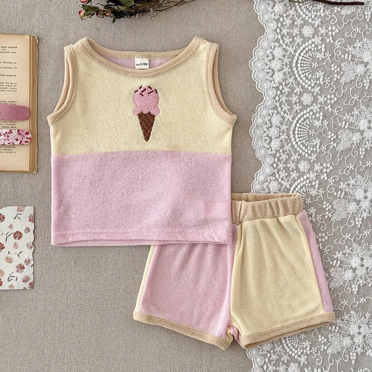 Toddler Baby Summer Outfit Contrast Color Stripe Ice Cream Embroidery Tank Tops and Shorts Set Suitable for Ages 0-3 Years Old 3
