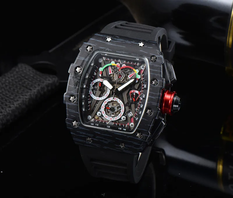 2022 Full-featured 6-pin Men's High Quality Quartz Watch Hollow Glass Back Stainless Steel Case Watch Black Rubber 