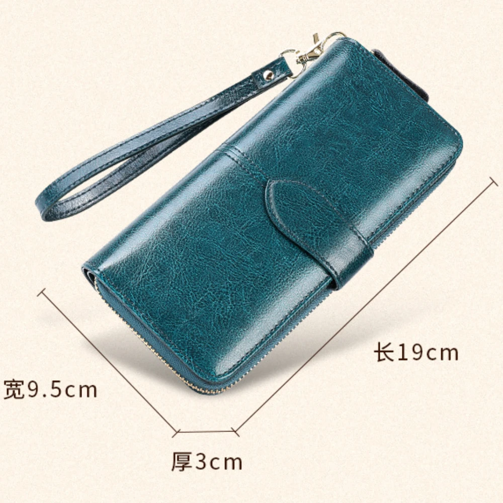 Vintage Oil Wax Cowhide Long Women's Wallet Genuine Leather Zippered Wallet Mobile Phone Bag