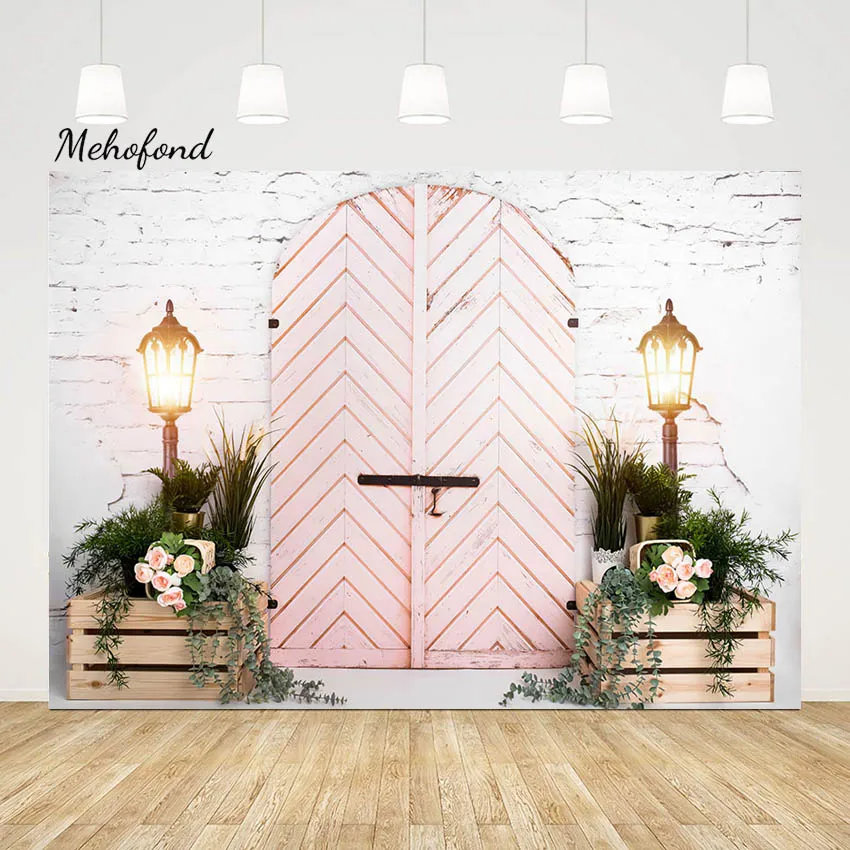 

Mehofond Photography Background Spring Pink Door Girl 1st Birthday Party Cake Smash Brick Wall Decor Backdrop Photocall Studio