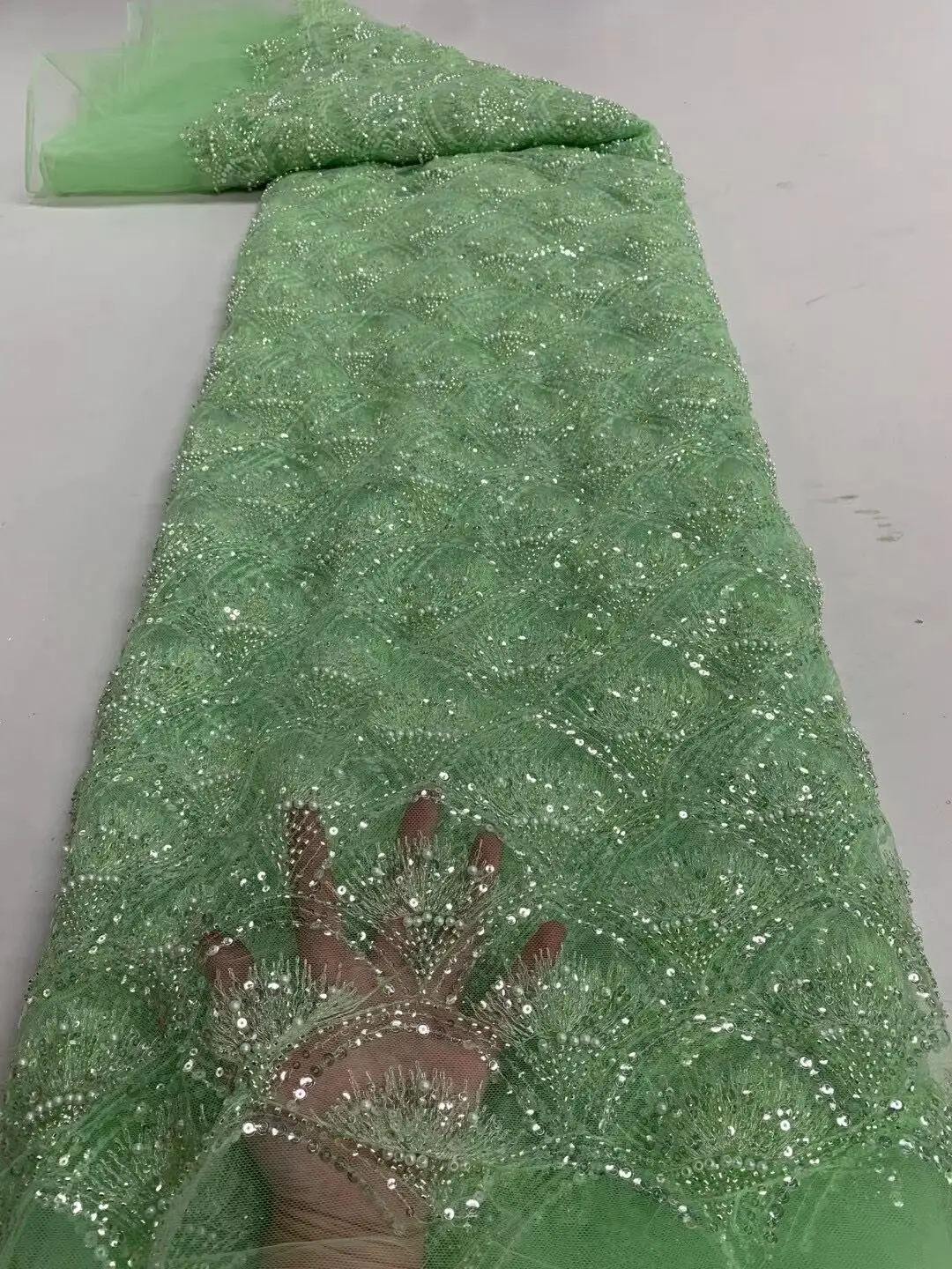 

Beaded Nigerian Lace Fabric High Quality ZH-12116811 Sequins Net Lace Fabrics For Wedding Party