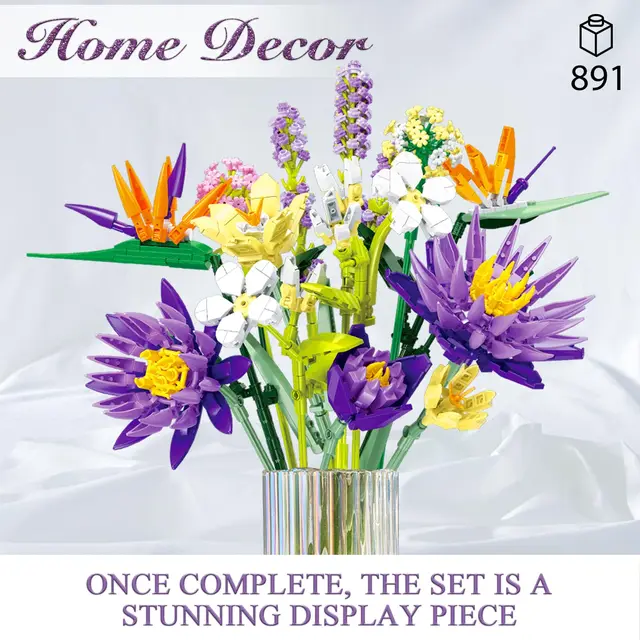 Bouquet of Blue Lotus Building Sets - 891 Piecse Artificial Flowers Kit for Adults, Home Decor, Mother's Day, Valentine's Day 2