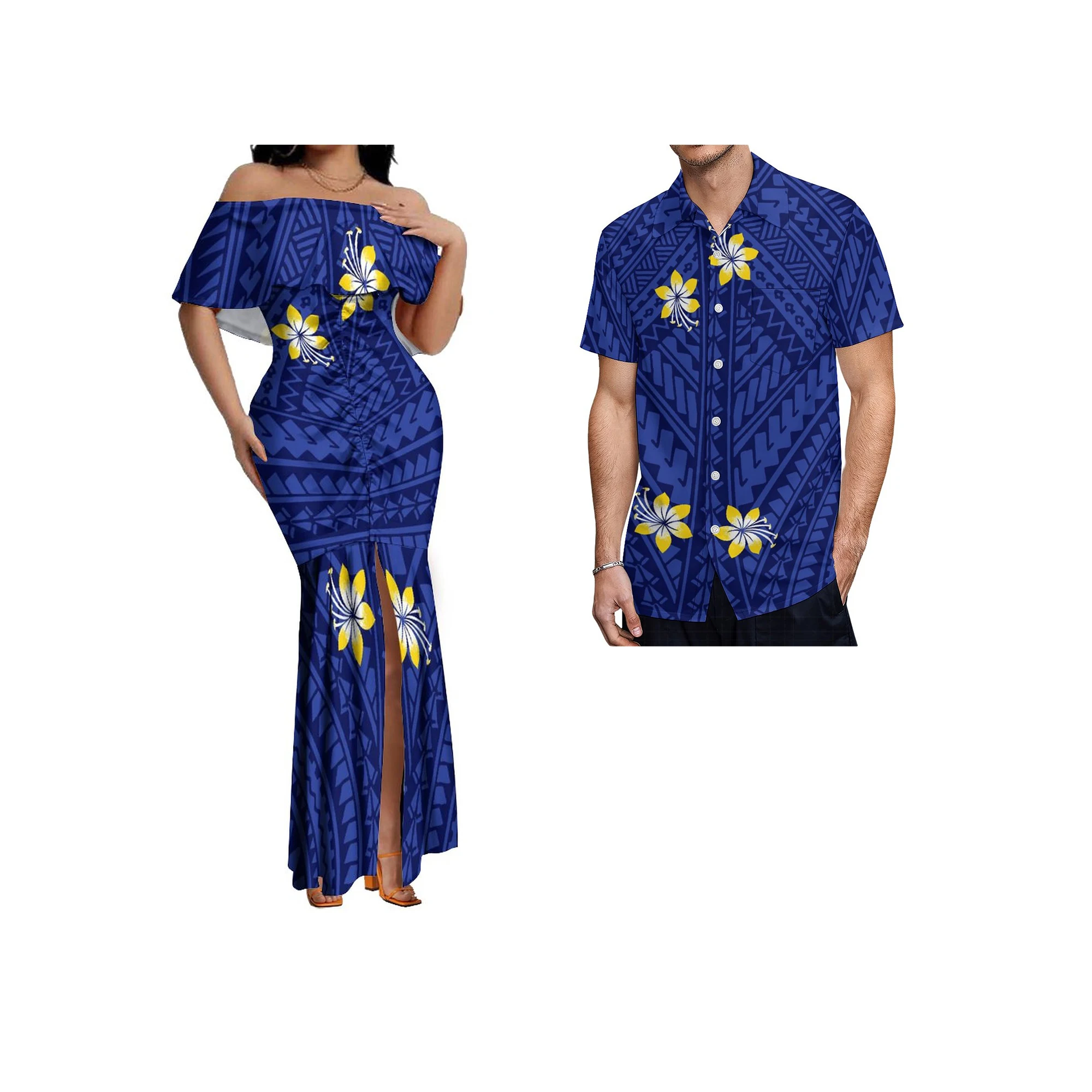 

Роскошный дизайн на заказ полинезийское племенное летнее платье женские платья-русалки с цветочной оборкой с открытыми плечами и разрезом