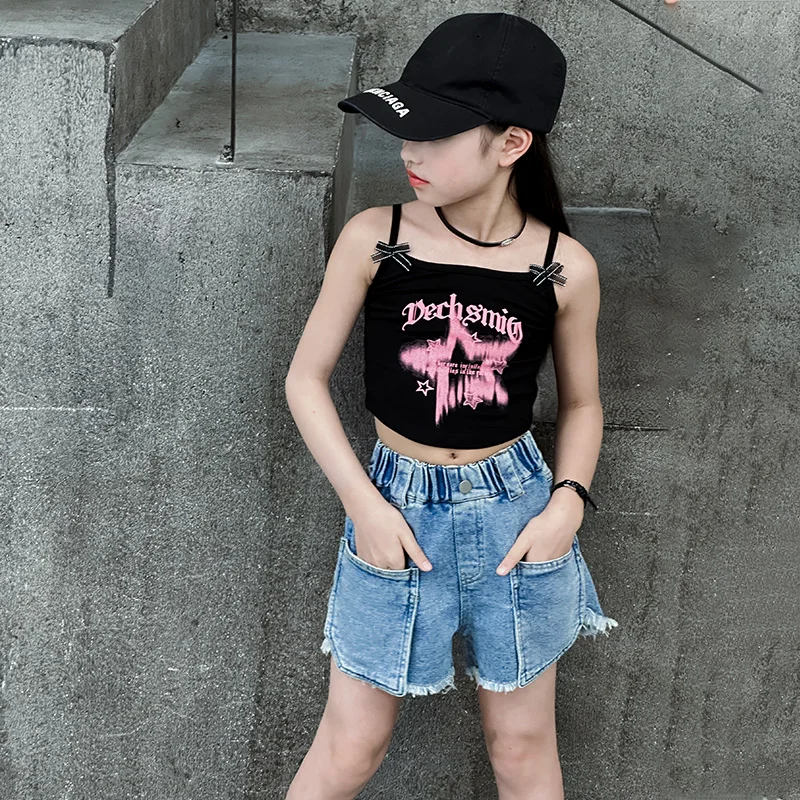 어린이 캐주얼 데님 반바지, 하이 웨이스트 밴드 디자인, 외부 주머니, 여름 아동복, 여아 청바지, 짧은 바지 세트