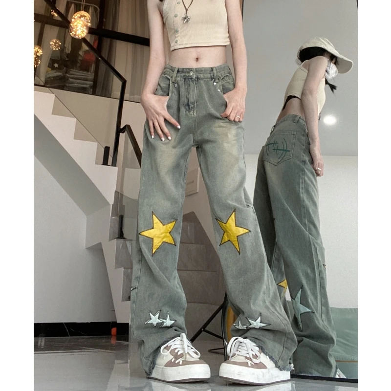 

Women Green Jeans Printing Vintage High Waisted American Wide Leg Pants Fashion Straight 2023 Summer Female Denim Trouser