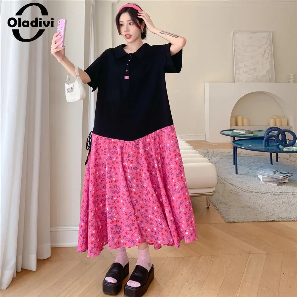 

Oladivi Large Size Women Fashion Print Patchwork Dress 2023 Summer Casual Loose Midi Dresses Female Oversized Clothing 3XL 6668