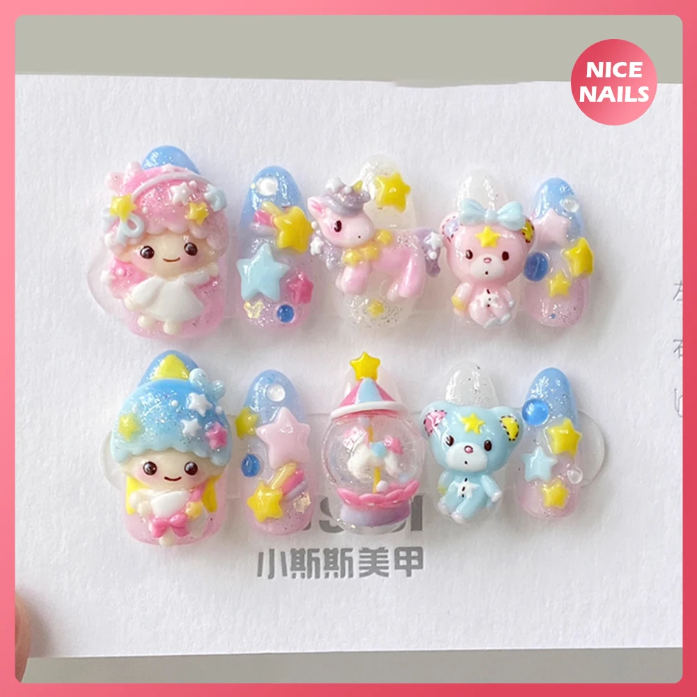 

Cute 3D Stereo Littletwinstars Cartoon Press On Nails Handmade Reusable Almond False Nail Full Cover Wearable Nail Art for Girl