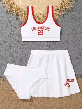 3 Pieces Bikinis With Skirt 2023 Girls Swimsuit Red Kids Swimwear Female Children's Bathers Bathing Swimming Swim Suit Beachwear – תמונה 5