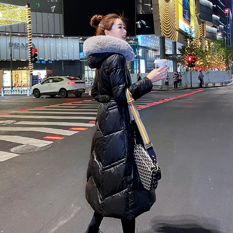 

Premium Fashion Jacket Slim 2022 Winter Snow Coat Women's Fur Collar Long Knee Length Model Warm Hooded Black L-3XL
