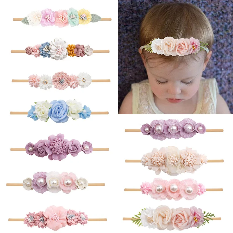 Europian Princess Style Baby Flower Hairband Newborn Baby Cute Hair Dressing Flower Pearl Rhinestone Headband 1Pcs Free Shipping