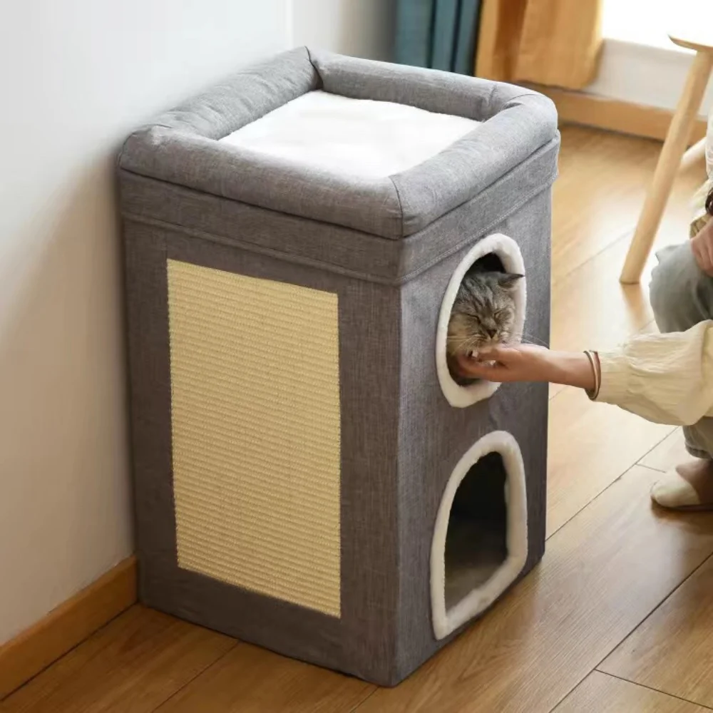 Katzenbett, Katzenhaus, Höhle und Turm, faltbar, für den Innenbereich, 3-lagig, mit klammerbarem Kratzbaumbrett, effizient in 2 große Katzen, Würfelbett – Detail 3