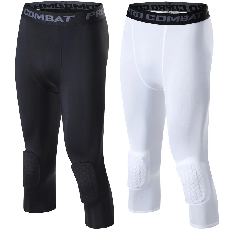 Men Compression Sport Cropped Pants Running Basketball Tights Man Crossfit Fitness Leggings Gym Training Tights With Knee Pads,sports leggings,compression pants