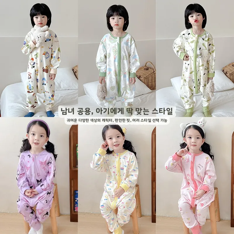 유니섹스 코튼 파자마 아동용 잠옷 긴팔 배 보호 홈웨어 남아 여아용 안티킥  수면복