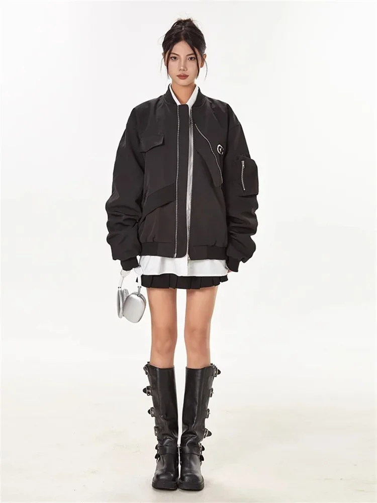 QWEEK Cyber Y2K Gray Bomber Jacket Women American Retro Streetwear Outerwear Oversized Harajuku Egirl 90s Vintage Black Coat