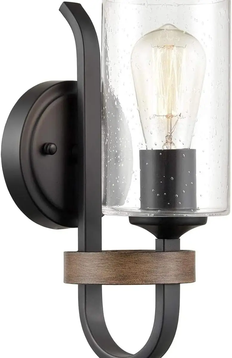

Industrial Seeded Cylindrical Glass Sconce | Farmhouse Black & Wood Grain Finish Accented Bathroom Light
