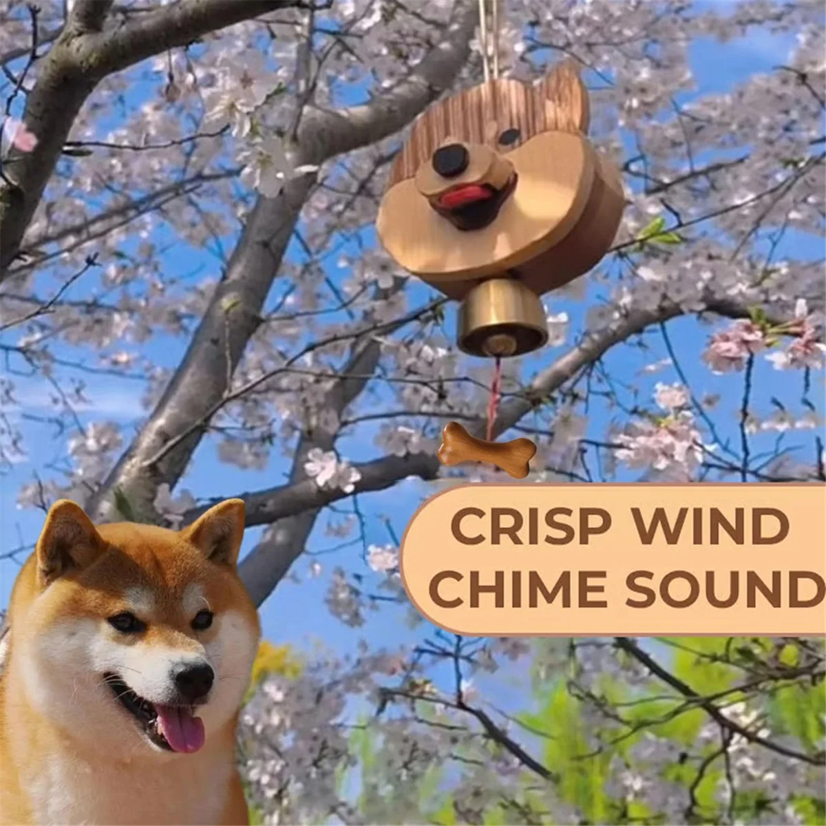 A04R-Wooden Shiba Inu Wind Chime Doorbell, Hanging Decoration Wind Chime, Wood Products Doorbell Shiba Inu Doorbell