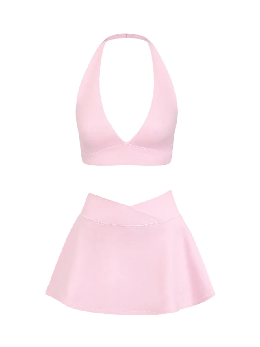 Women's Fitness Suits Shock-absorbing Neck Hanging Bra Privacy Resistant Tennis Skirt High Elasticity Brushed Skirt Yoga Sets 3