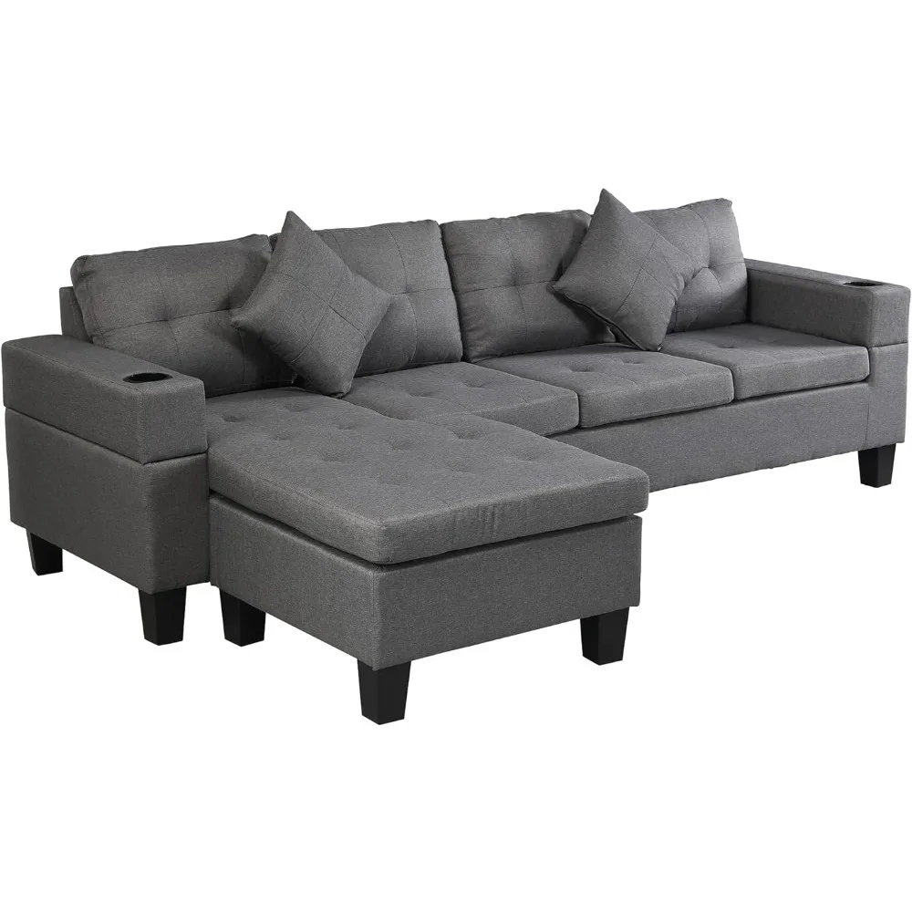 

New Modern Large Upholstered L-Shape Sectional Sofa Gray Velvet Left Hand Facing Grey Fabric Living Room Furniture Home