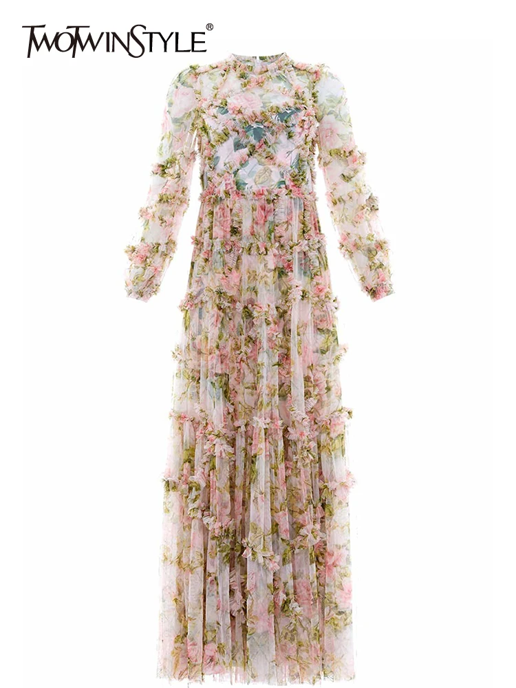 

TWOTWINSTYLE Colorblock Printing Elegant Dresses For Women Round Neck Long Sleeve High Waist Patchwork Mesh Folds Dress Female