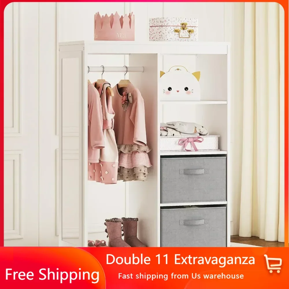 Children's Wardrobe with Long Mirror, Children's Wardrobe with 2 Storage Compartments, Hanging Clothing Wardrobe,