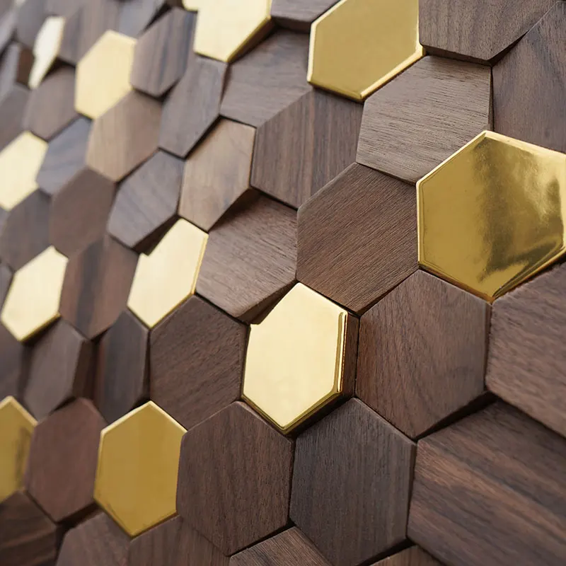 

Hexagon 3D Wood Wall Art for Teahouse Black Walnut Wood Metal Mosaic Tile TV Background Interior Art Wall Decor Wall Stickers