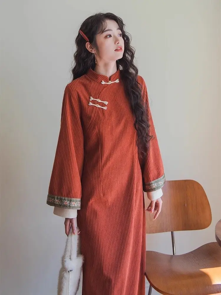 Autumn Winter Chinese Style Thickened Cheongsam Red Set Chinese Qipao Style Elegant Temperament All-Match Dress chinese dress
