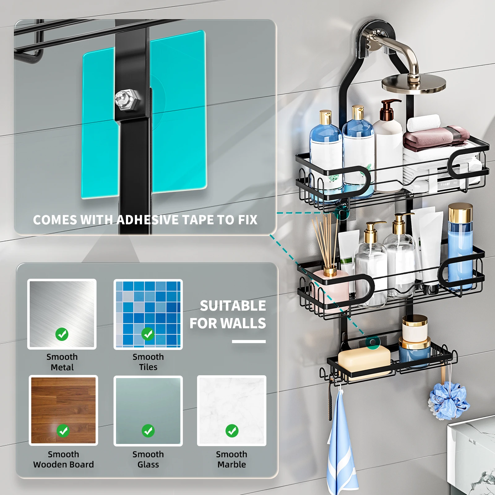 Bathroom Shower Head Hanging Rack Shower Storage Holder 4 hooks Metal Iron Rustproof Punch Free for shower caddy basket