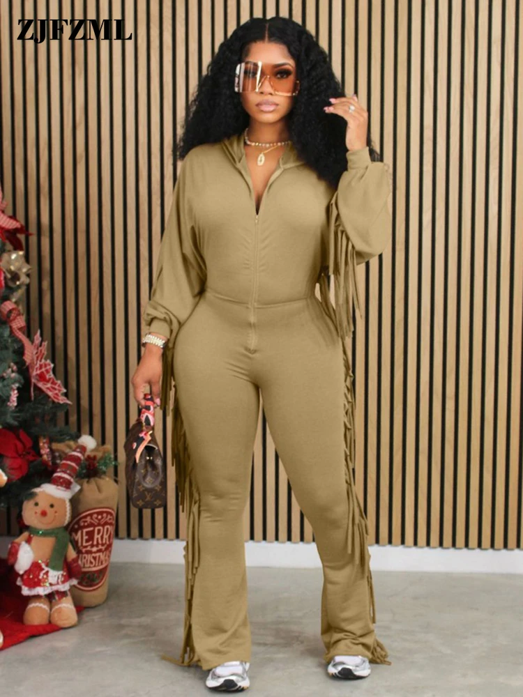 

Модные комбинезоны с кисточками и капюшоном для женщин, цельный наряд для отдыха, повседневные Длинные Комбинезоны на молнии с длинными рукавами и расклешенными штанинами